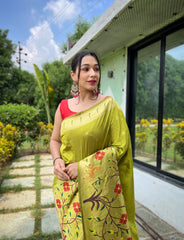 Pista Color Pure Paithani Silk Saree with Traditional Paithani Border and Unique Motif Patterns - Contrast Richly Woven Pallu and Meenakari Motif Blouse.