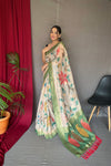 Pista Color Digital Print Silk Saree with Floral Katha Stitch, Golden Zari Rich Pallu, Golden Motifs & Unique Color Combination | Unstitched Blouse Piece.