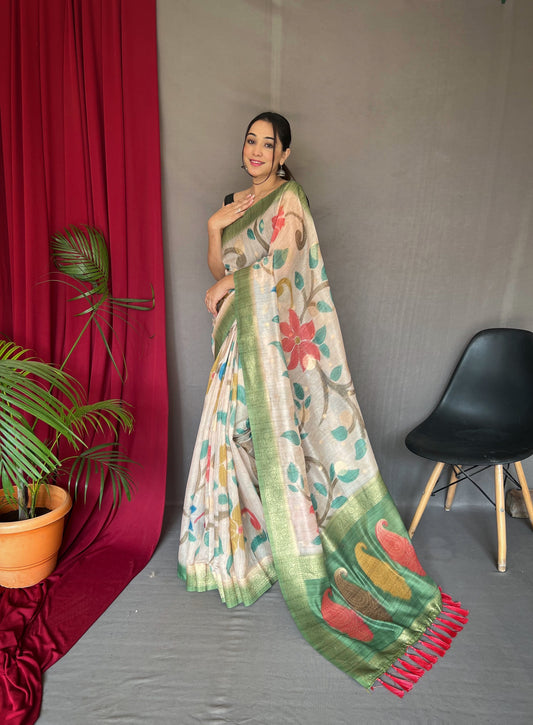 Pista Color Digital Print Silk Saree with Floral Katha Stitch