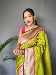 Pista Color Pure Paithani Silk Saree with Rich Woven Pallu, Tassels, and Unique Motif Pattern – Includes Unstitched Blouse Piece.