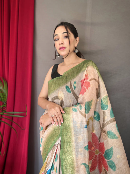 Pista Color Digital Print Silk Saree with Floral Katha Stitch