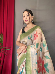 Pista Color Digital Print Silk Saree with Floral Katha Stitch, Golden Zari Rich Pallu, Golden Motifs & Unique Color Combination | Unstitched Blouse Piece.