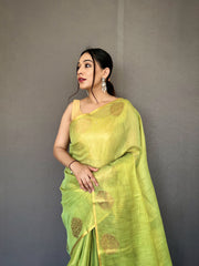 Elegant Pista Color Tissue Silk Saree with Jacquard Zari Weaving - Rich Pallu, Jacquard Weaving Border, and Beautiful Motifs | 6.3 Meter Length with Blouse.