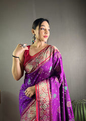 Purple Color Soft Rangeen Patola Silk Saree with All-Over Meenakari Weaving | Rich Pallu with Tassels | Unstitched Blouse Piece Included.