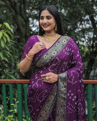 Premium Purple Dual Colour Bandhej Silk Saree with Zari Weaving Border and Bandhej Pallu – Soft, Lightweight, and Stylish.