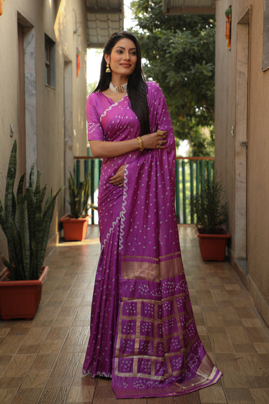 Purple Bandhej Silk Saree with Checks Pattern Pallu