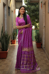 Exquisite Purple Bandhej Silk Saree with Checks Pattern Pallu – Luxurious Handmade Design and Matching Bandhej Blouse.