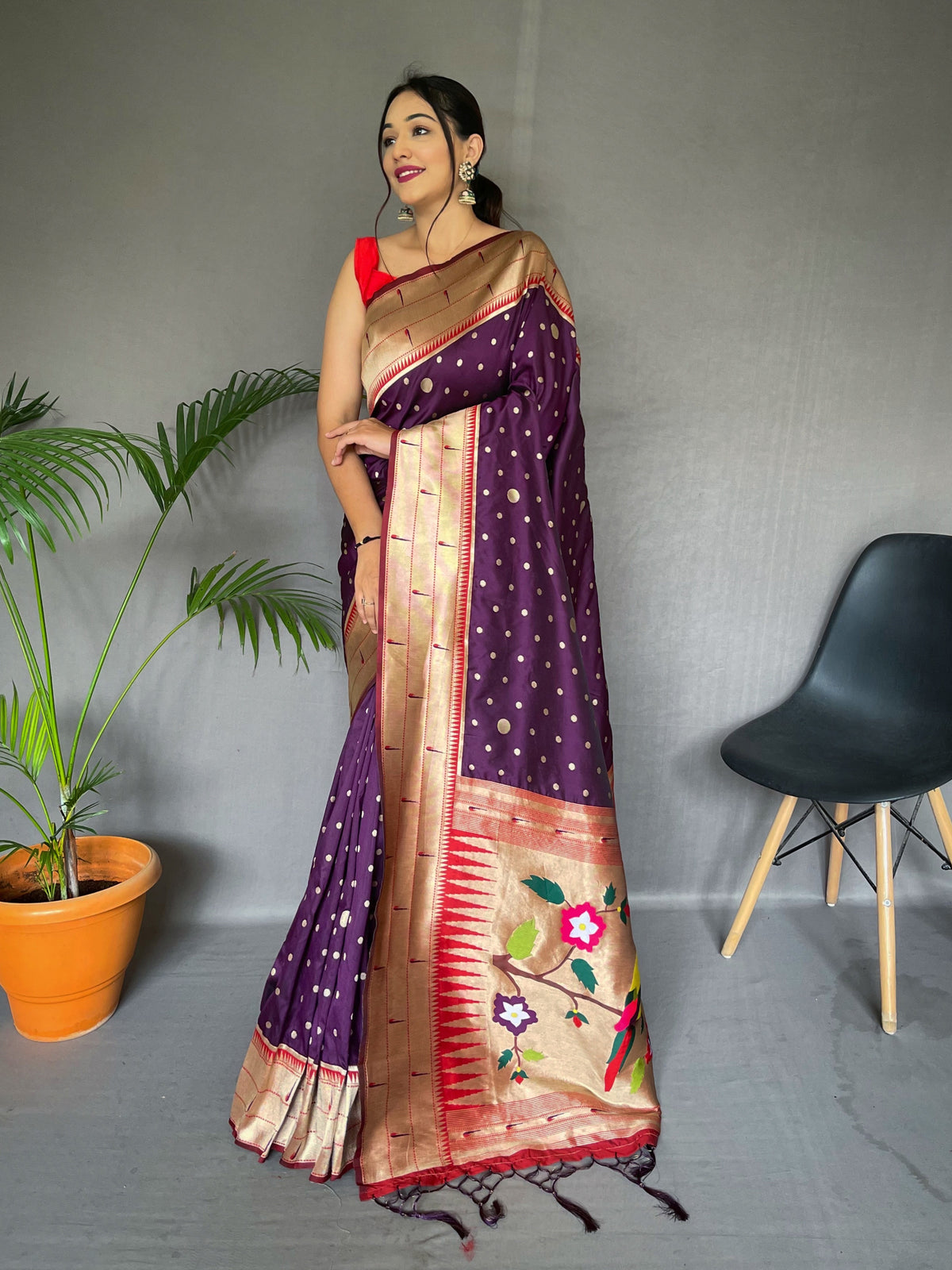 Purple Color Pure Paithani Silk Saree with Rich Woven Pallu, Tassels, and Unique Motif Pattern – Includes Unstitched Blouse Piece.