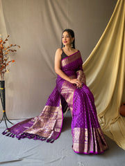 Beautiful Purple Soft Silk Saree with Silver & Gold Zari Checks, Gold Zari Woven Broad Border, Elegant Pallu | Unstitched Blouse Piece.