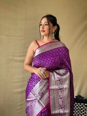 Elegant Purple Khicha Checks Saree in Soft Litchi Silk with Rich Pallu, Attractive Border & Exquisite Patterns.