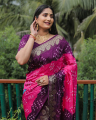 Elegant Purple Bandhej Silk Sarees | Premium Quality with Zari Weaving, Rich Pallu, and Broad Border Design.