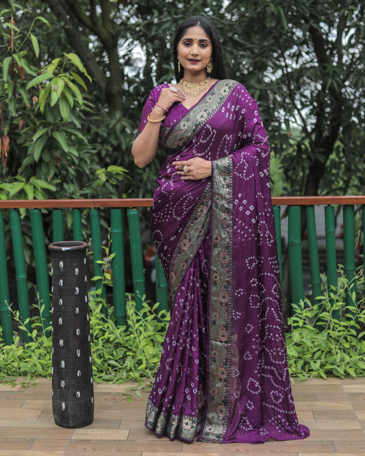 Purple Dual Colour Bandhej Silk Lightweight Saree For Weddings