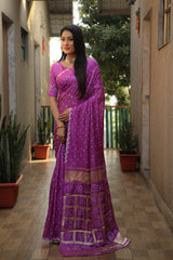 Exquisite Purple Bandhej Silk Saree with Checks Pattern Pallu – Luxurious Handmade Design and Matching Bandhej Blouse.