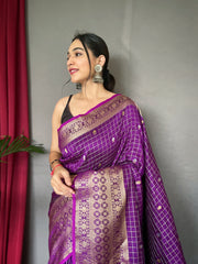 Exquisite Purple Handloom Saree with Superb Antique Weaving: Heavy Gold Jacquard Border, Small Motifs, and Meena Work with Unstitched Blouse Piece.