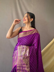 Beautiful Purple Soft Silk Saree with Silver & Gold Zari Checks, Gold Zari Woven Broad Border, Elegant Pallu | Unstitched Blouse Piece.