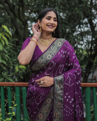 Premium Purple Dual Colour Bandhej Silk Saree with Zari Weaving Border and Bandhej Pallu – Soft, Lightweight, and Stylish.