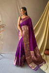 Beautiful Purple Soft Silk Saree with Silver & Gold Zari Checks, Gold Zari Woven Broad Border, Elegant Pallu | Unstitched Blouse Piece.