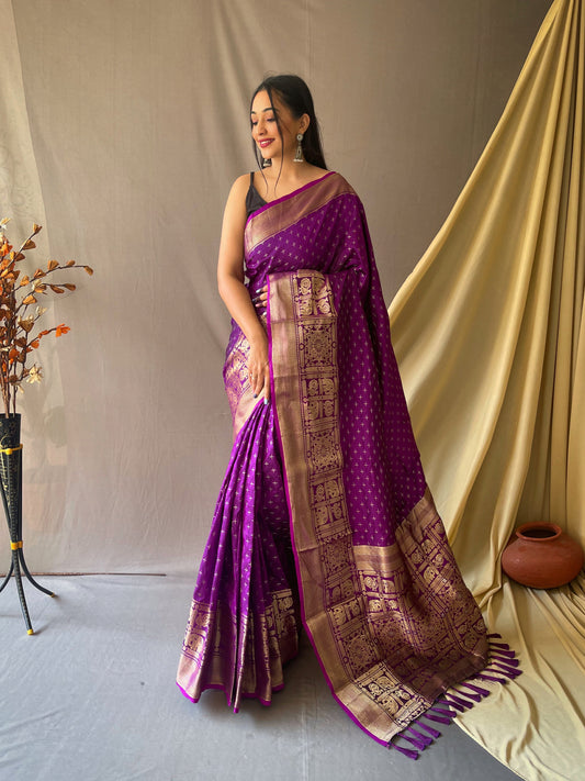 Beautiful Purple Soft Silk Saree with Silver & Gold Zari Checks, Gold Zari Woven Broad Border, Elegant Pallu | Unstitched Blouse Piece.