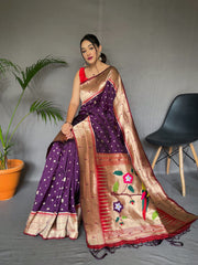 Purple Color Pure Paithani Silk Saree with Rich Woven Pallu, Tassels, and Unique Motif Pattern – Includes Unstitched Blouse Piece.