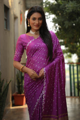 Exquisite Purple Bandhej Silk Saree with Checks Pattern Pallu – Luxurious Handmade Design and Matching Bandhej Blouse.