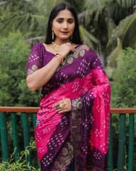 Elegant Purple Bandhej Silk Sarees | Premium Quality with Zari Weaving, Rich Pallu, and Broad Border Design.