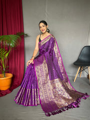 Exquisite Purple Handloom Saree with Superb Antique Weaving: Heavy Gold Jacquard Border, Small Motifs, and Meena Work with Unstitched Blouse Piece.