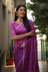 Exquisite Purple Bandhej Silk Saree with Checks Pattern Pallu – Luxurious Handmade Design and Matching Bandhej Blouse.