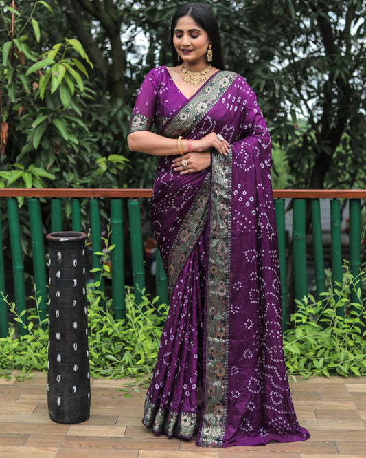 Purple Dual Colour Bandhej Silk Lightweight Saree For Weddings