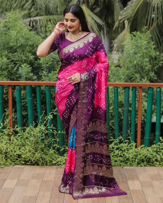 Purple Bandhej Silk Sarees For Weddings