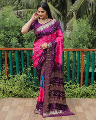 Elegant Purple Bandhej Silk Sarees | Premium Quality with Zari Weaving, Rich Pallu, and Broad Border Design.