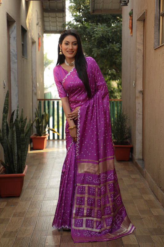 Purple Bandhej Silk Saree with Checks Pattern Pallu