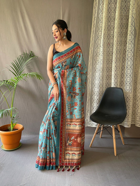 Rama Designer Color Malai Cotton Saree with Kalamkari Prints