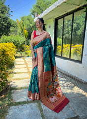 Rama Pure Soft Paithani Silk Saree with Gold and Silver Zari