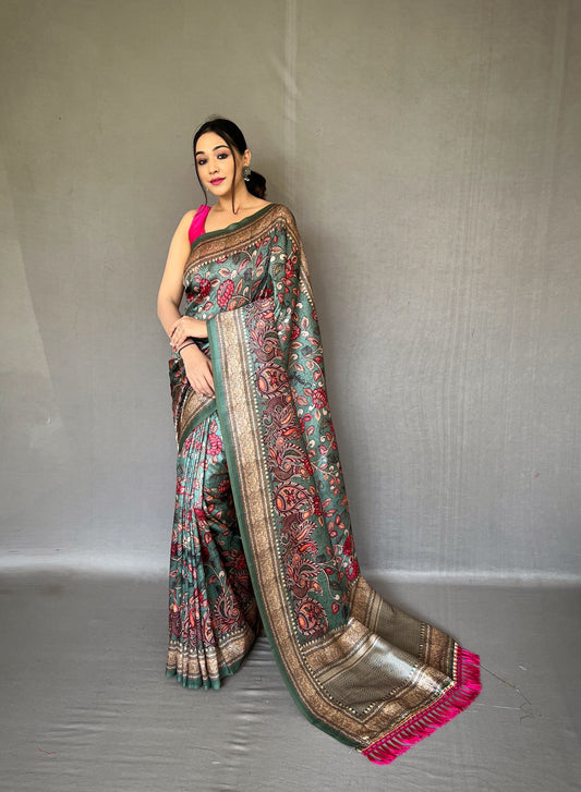 Luxurious Soft Rama Silk Sari with Innovative Kalamkari Fusion Print Design