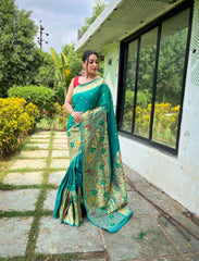 Rama Color Pure Paithani Silk Saree with Traditional Paithani Border and Unique Motif Patterns - Contrast Richly Woven Pallu and Meenakari Motif Blouse.