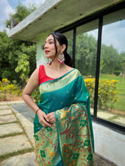 Rama Color Pure Paithani Silk Saree with Traditional Paithani Border and Unique Motif Patterns - Contrast Richly Woven Pallu and Meenakari Motif Blouse.