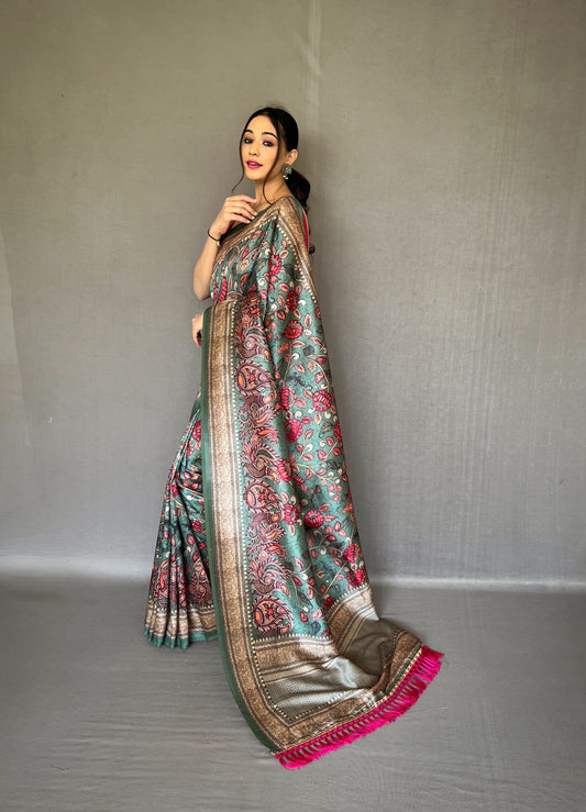 Luxurious Soft Rama Silk Sari with Innovative Kalamkari Fusion Print Design