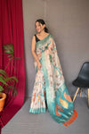 Rama Color Digital Print Silk Saree with Floral Katha Stitch