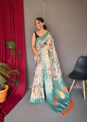 Rama Color Digital Print Silk Saree with Floral Katha Stitch, Golden Zari Rich Pallu, Golden Motifs & Unique Color Combination | Unstitched Blouse Piece.