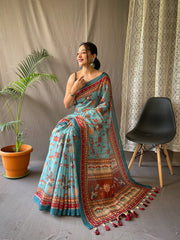 Rama Designer Color Malai Cotton Saree with Kalamkari Prints