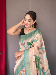 Rama Color Digital Print Silk Saree with Floral Katha Stitch, Golden Zari Rich Pallu, Golden Motifs & Unique Color Combination | Unstitched Blouse Piece.