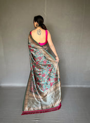 Luxurious Soft Rama Silk Sari with Innovative Kalamkari Fusion Print Design