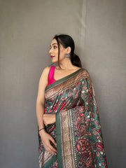 Luxurious Soft Rama Silk Sari with Innovative Kalamkari Fusion Print Design