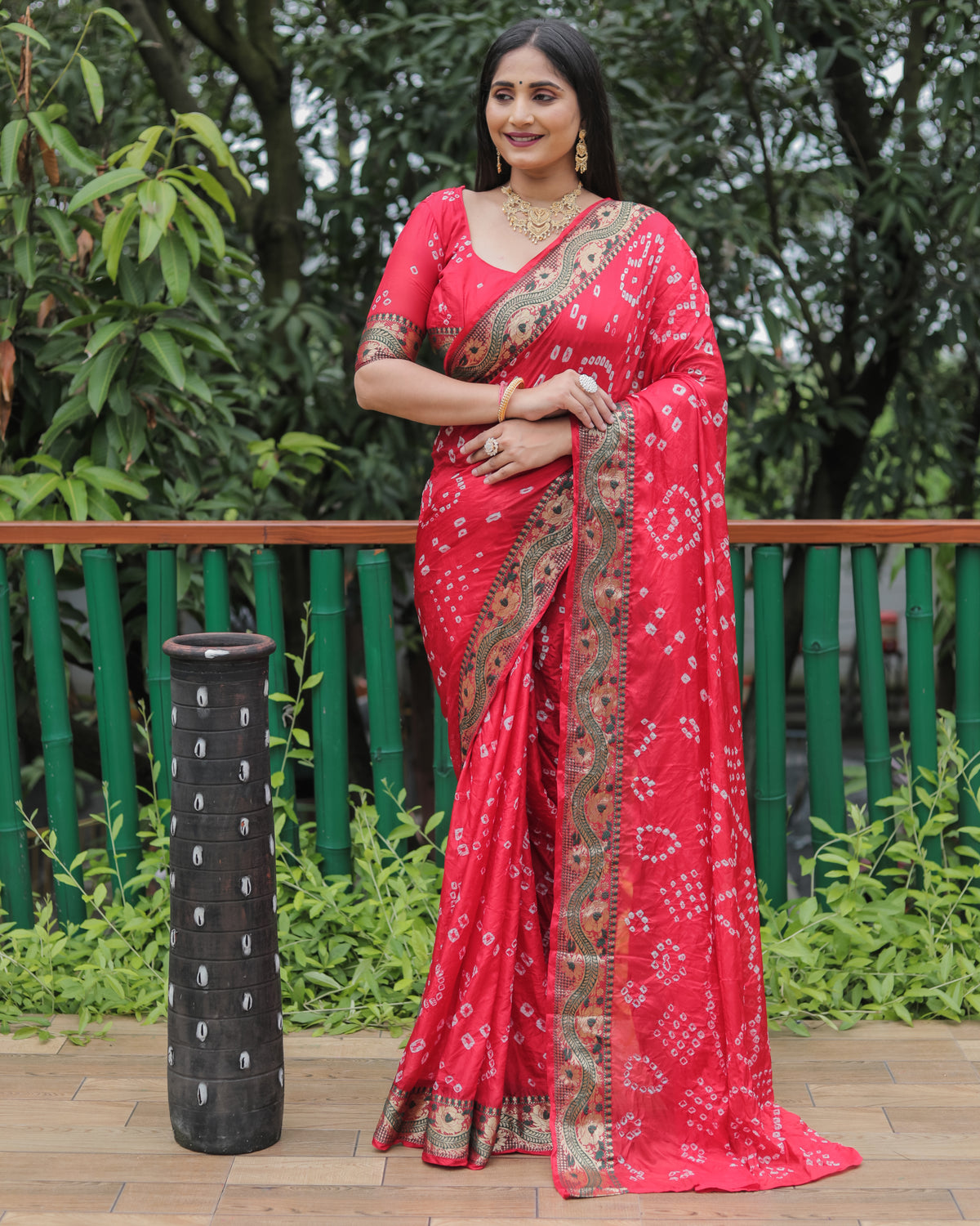 "Premium Red Dual Colour Bandhej Silk Saree with Zari Weaving Border and Bandhej Pallu – Soft, Lightweight, and Stylish.