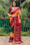 Elegant Red Bandhej Silk Sarees | Premium Quality with Zari Weaving, Rich Pallu, and Broad Border Design.