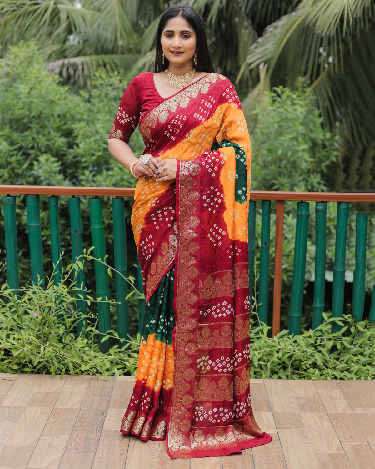 Elegant Red Bandhej Silk Sarees | Premium Quality with Zari Weaving, Rich Pallu, and Broad Border Design.