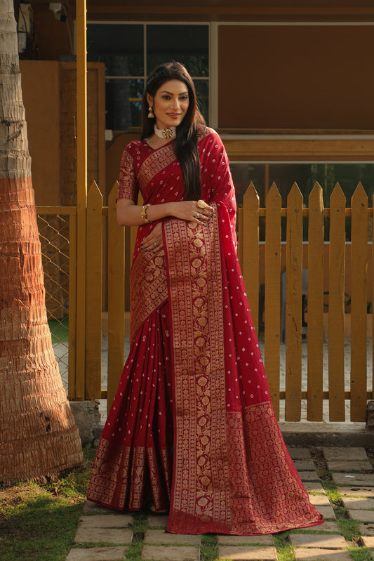 Red Color Handmade Bandhej Kanjivaram Silk Saree