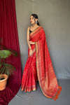 Red Color Pure Patola Silk Saree with Patola Fusion Design, Contrast Meenakari Work, Rich Pallu with Tassels – Includes Unstitched Blouse Piece.