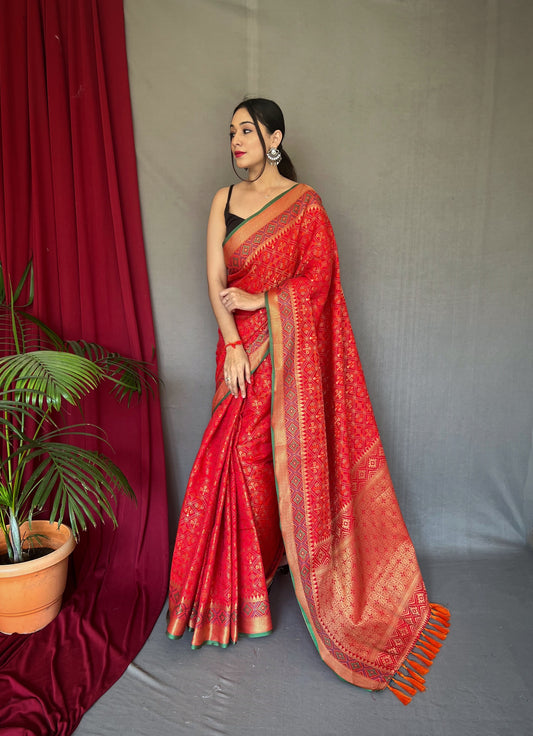 Red Color Pure Patola Silk Saree with Patola Fusion Design