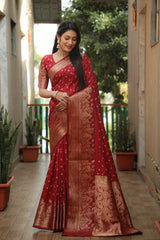 Red Handmade Bandhej Kanjivaram Silk Saree For Wedding